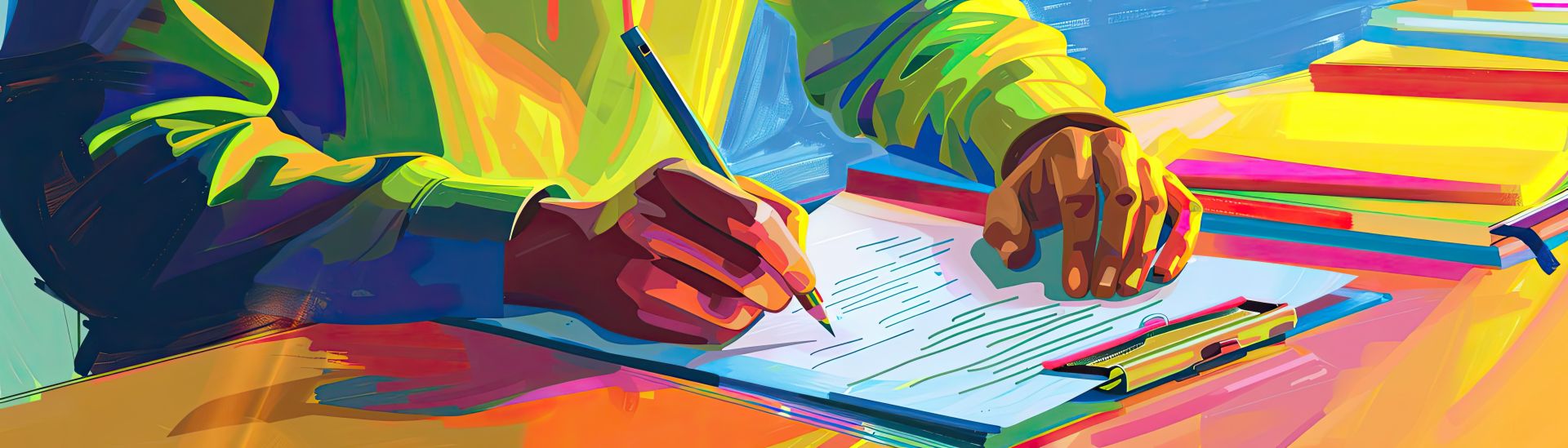 Vibrant illustration of a person writing on paper at a desk.